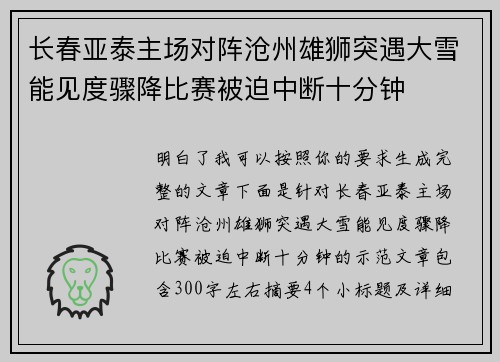 长春亚泰主场对阵沧州雄狮突遇大雪能见度骤降比赛被迫中断十分钟